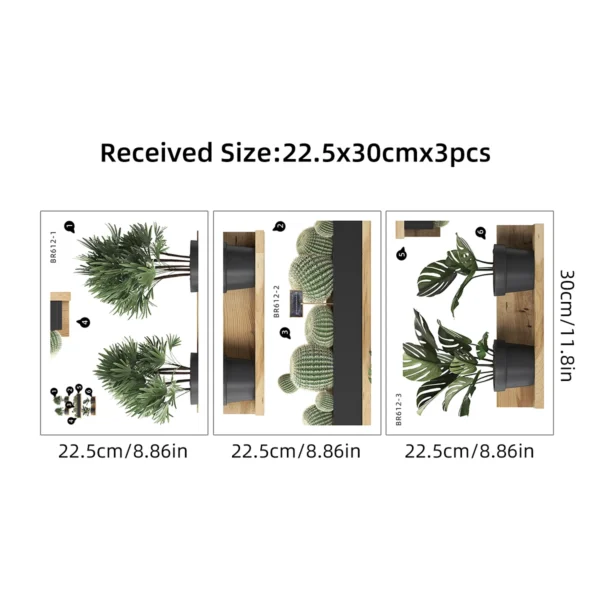 3PCS Green Plant Cactus Potted Wall Stickers for Bedroom Living Room Bathroom Home Decoartion Wall Decals - Image 6